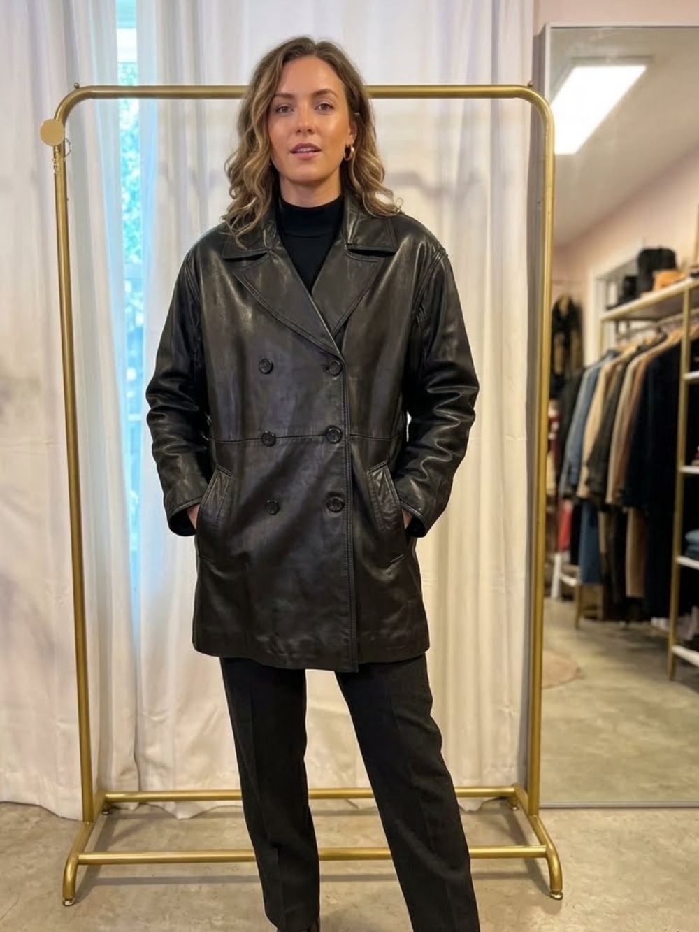 Coach Leather vintage Double-Breasted Jacket in Black Size Small